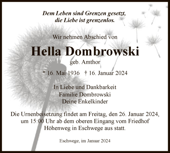 Todesanzeige von Hella Dombrowski von WRS