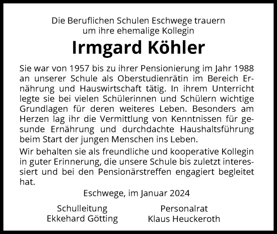 Todesanzeige von Irmgard Köhler von WRS