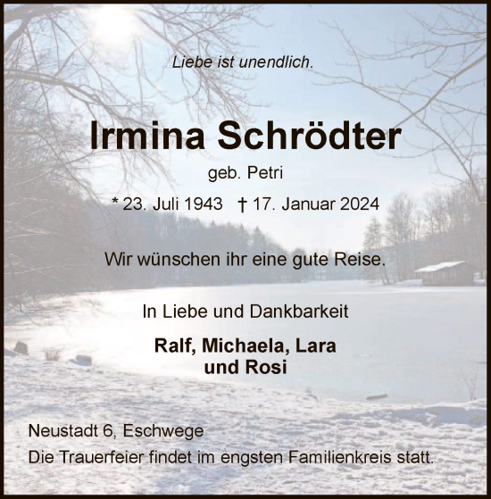 Todesanzeige von Irmina Schrödter von WRS