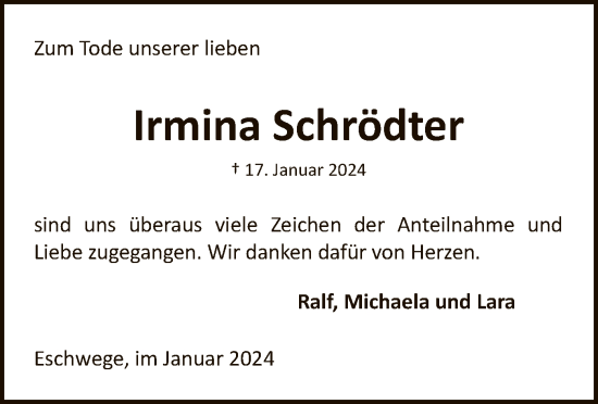 Todesanzeige von Irmina Schrödter von WRS