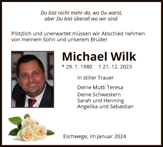 Todesanzeige von Michael Wilk von WRS