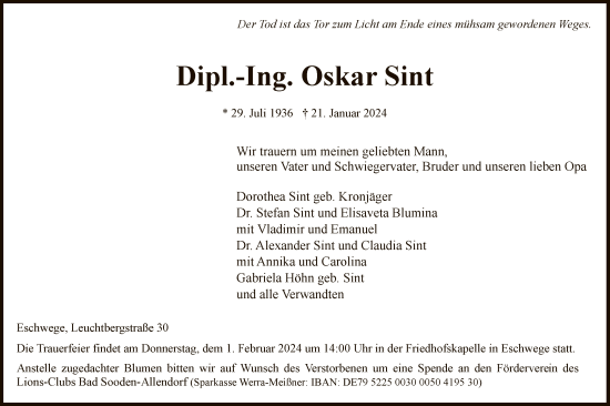 Todesanzeige von Oskar Sint von WRSHNA