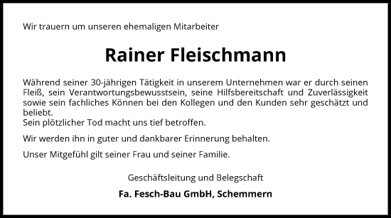 Todesanzeige von Rainer Fleischmann von WRS