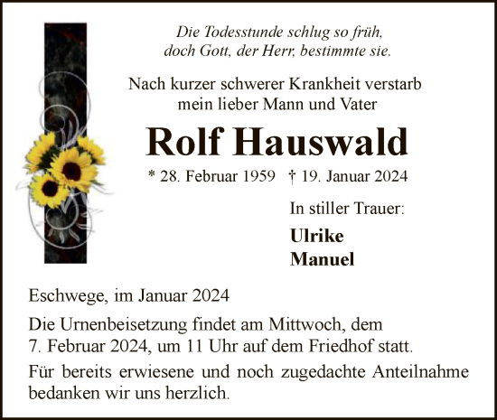Todesanzeige von Rolf Hauswald von WRS
