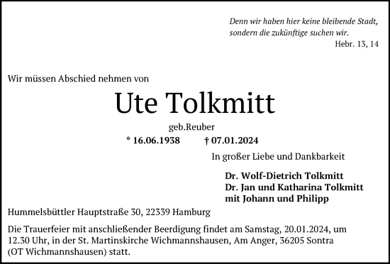 Todesanzeige von Ute Tolkmitt von HNAWRS