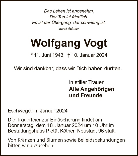 Todesanzeige von Wolfgang Vogt von WRS