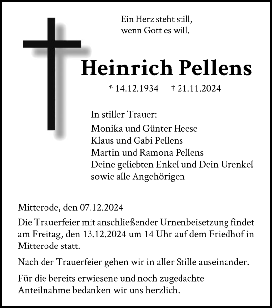 Todesanzeige von Heinrich Pellens von WRS
