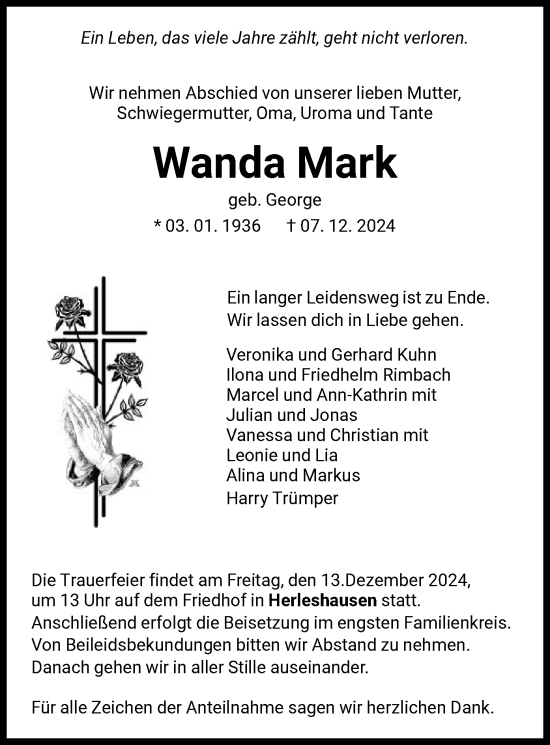 Todesanzeige von Wanda Mark von WRS
