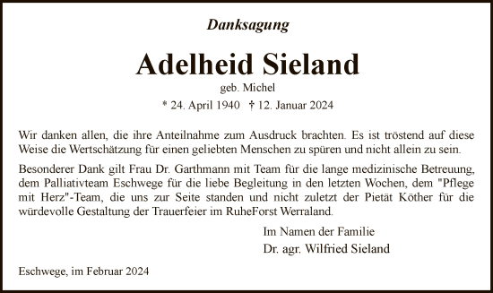 Todesanzeige von Adelheid Sieland von WRS