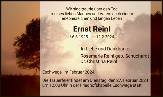 Todesanzeige von Ernst Reinl von WRS