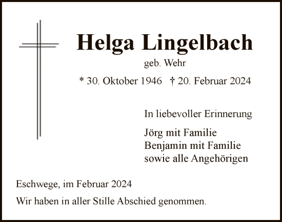 Todesanzeige von Helga Lingelbach von WRS