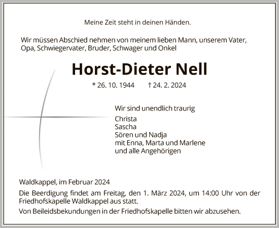 Todesanzeige von Horst-Dieter Nell von WRS