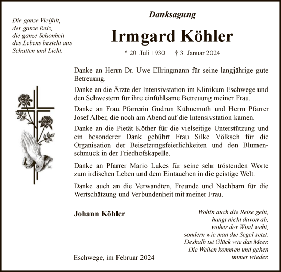 Todesanzeige von Irmgard Köhler von WRS