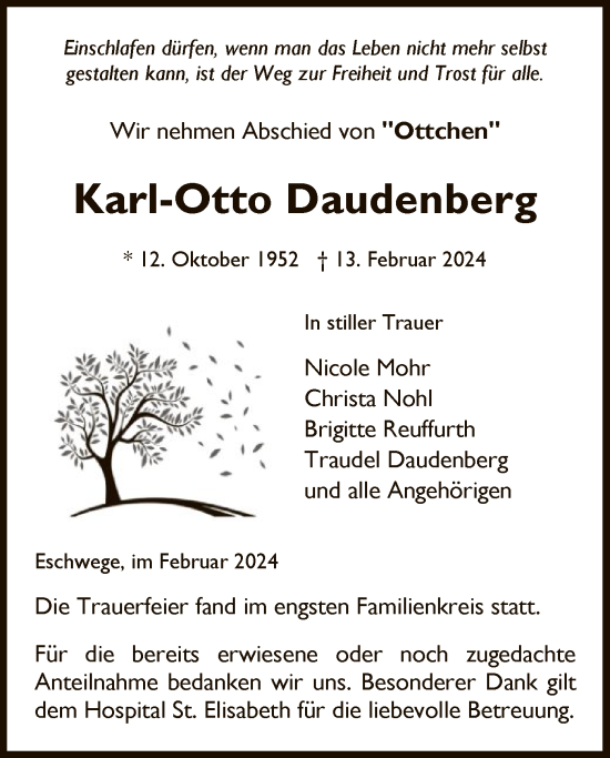 Todesanzeige von Karl-Otto Daudenberg von WRS