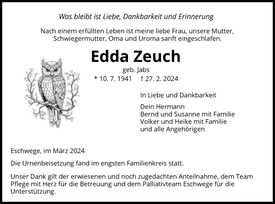 Todesanzeige von Edda Zeuch von WRS