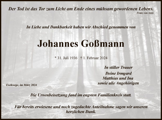 Todesanzeige von Johannes Goßmann von WRS