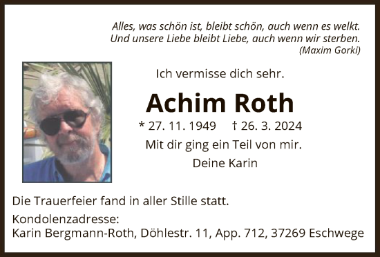 Todesanzeige von Achim Roth von WRS