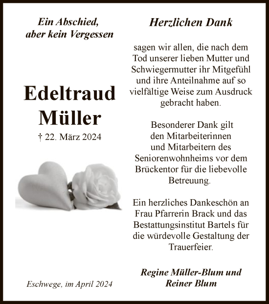 Todesanzeige von Edeltraud Müller von WRS