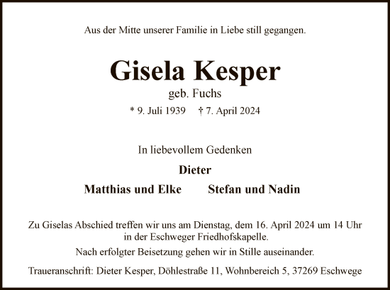 Todesanzeige von Gisela Kesper von WRS