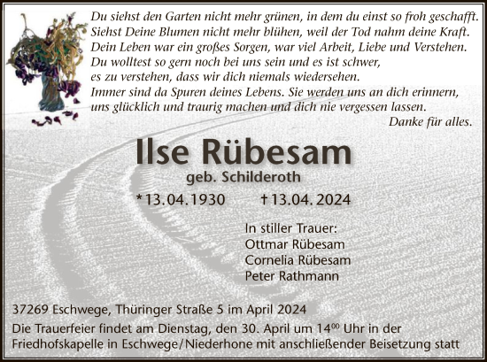 Todesanzeige von Ilse Rübesam von WRS