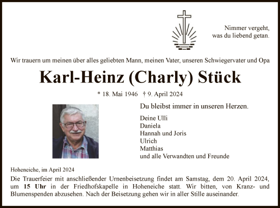 Todesanzeige von Karl-Heinz Stück von WRS