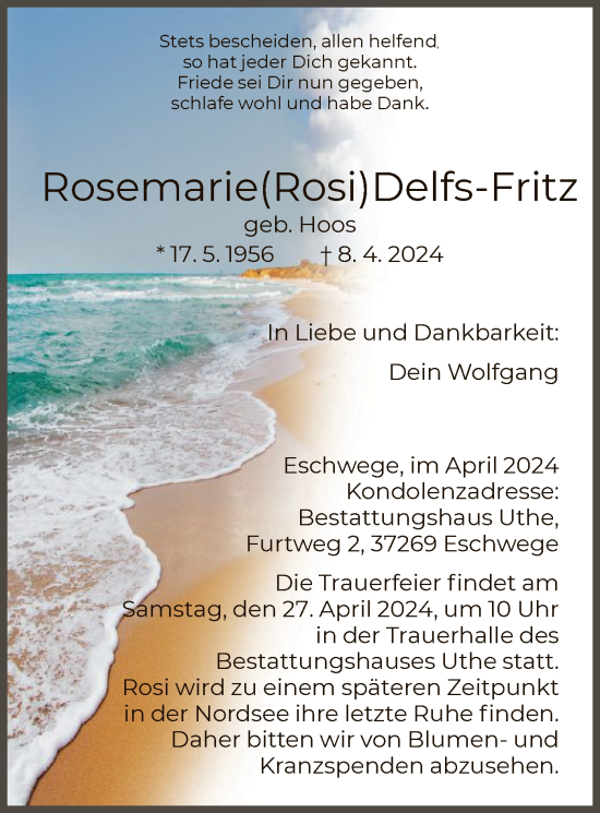 Todesanzeige von Rosemarie Delfs-Fritz von WRS