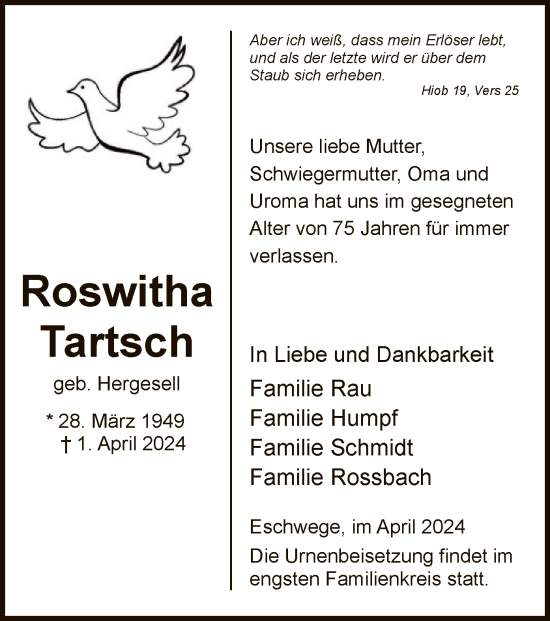Todesanzeige von Roswitha Tartsch von WRS