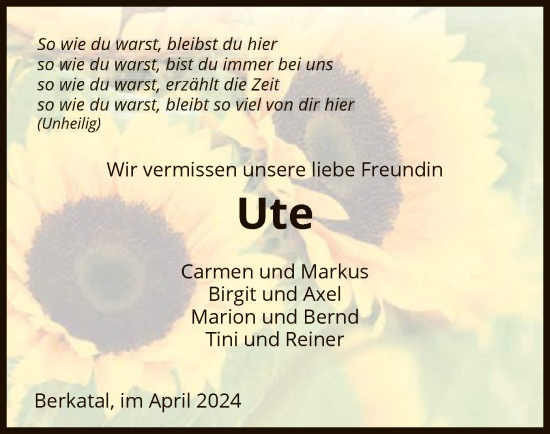 Todesanzeige von Ute  von WRS