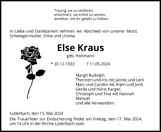 Todesanzeige von Else Kraus von WRS