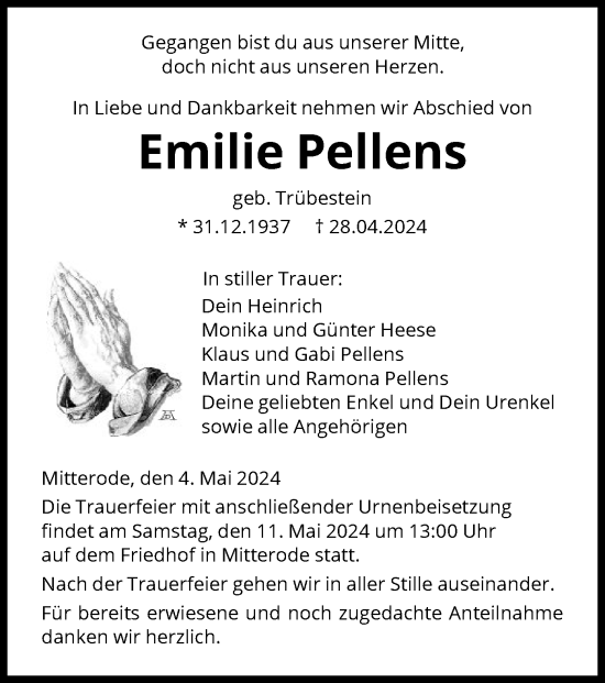 Todesanzeige von Emilie Pellens von WRS