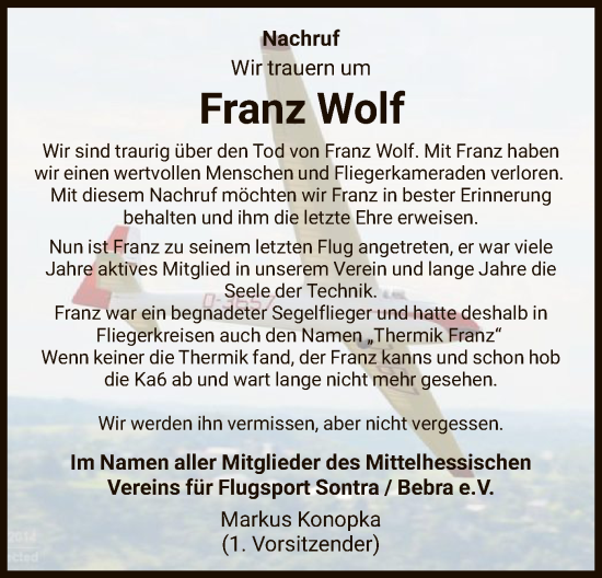 Todesanzeige von Franz Wolf von WRS