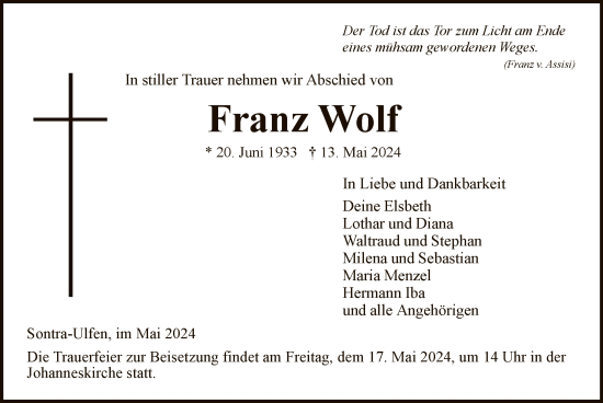 Todesanzeige von Franz Wolf von WRS
