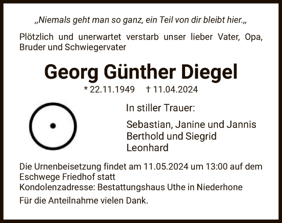 Todesanzeige von Georg Günther Diegel von WRS
