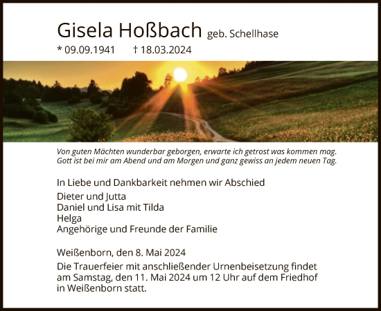 Todesanzeige von Gisela Hoßbach von WRS