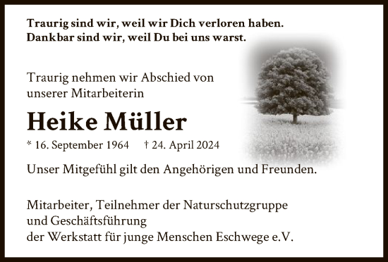 Todesanzeige von Heike Müller von WRS