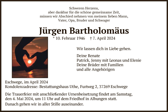 Todesanzeige von Jürgen Bartholomäus von WRS
