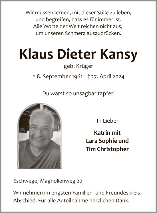 Todesanzeige von Klaus Dieter Kansy von WRS