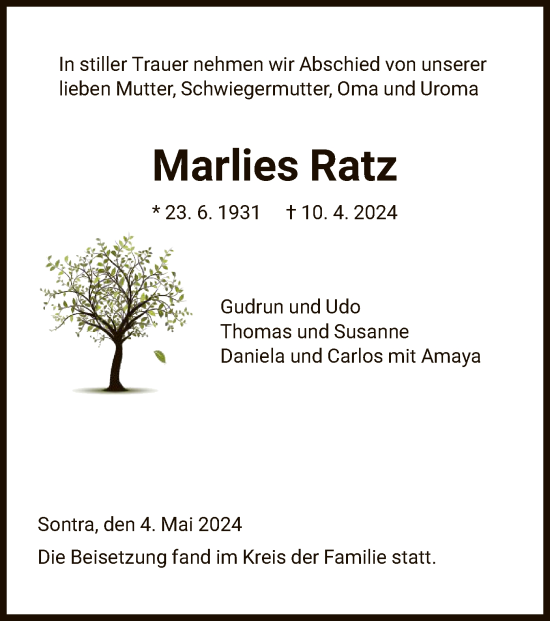 Todesanzeige von Marlies Ratz von WRS