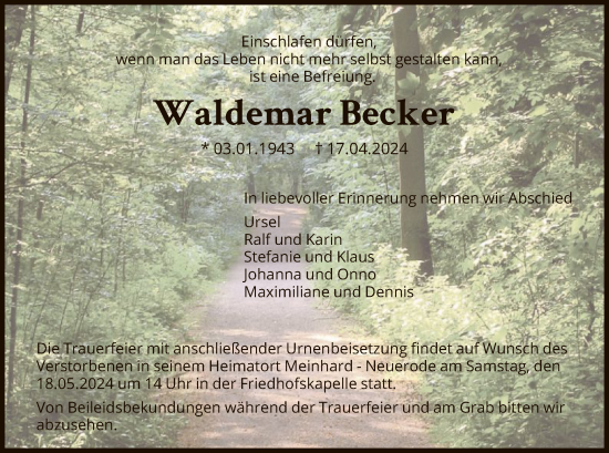 Todesanzeige von Waldemar Becker von WRS