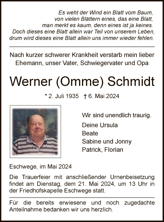 Todesanzeige von Werner Schmidt von WRS