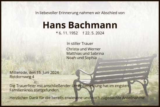 Todesanzeige von Hans Bachmann von WRS