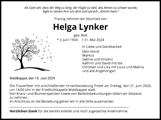 Todesanzeige von Helga Lynker von WRS