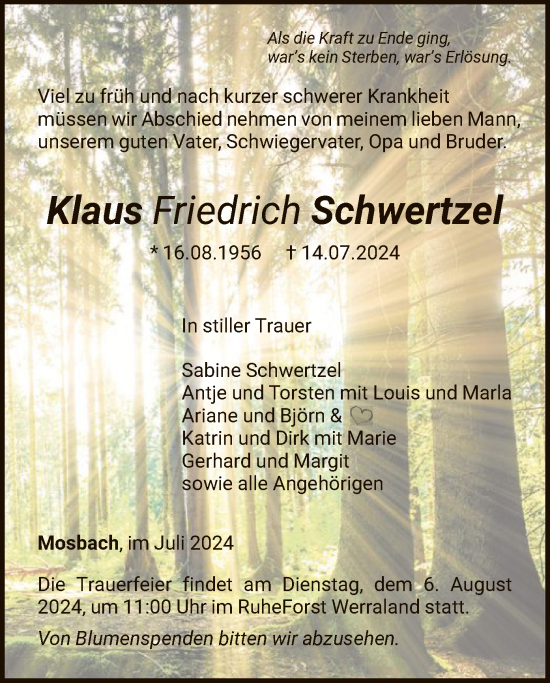 Todesanzeige von Klaus Friedrich Schwertzel von WRS