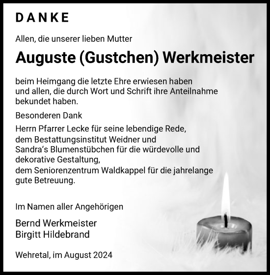 Todesanzeige von Auguste  Werkmeister von WRS