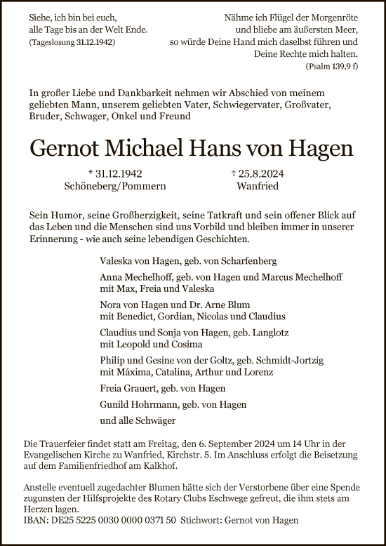 Todesanzeige von Gernot Michael Hans von Hagen von WRSWRS