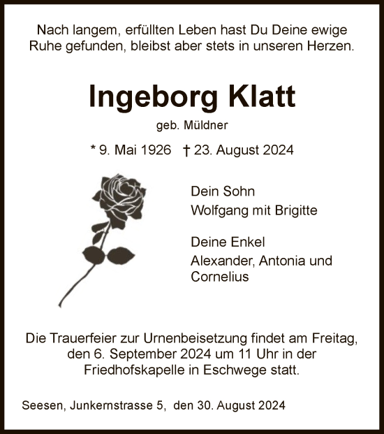 Todesanzeige von Ingeborg Klatt von WRS