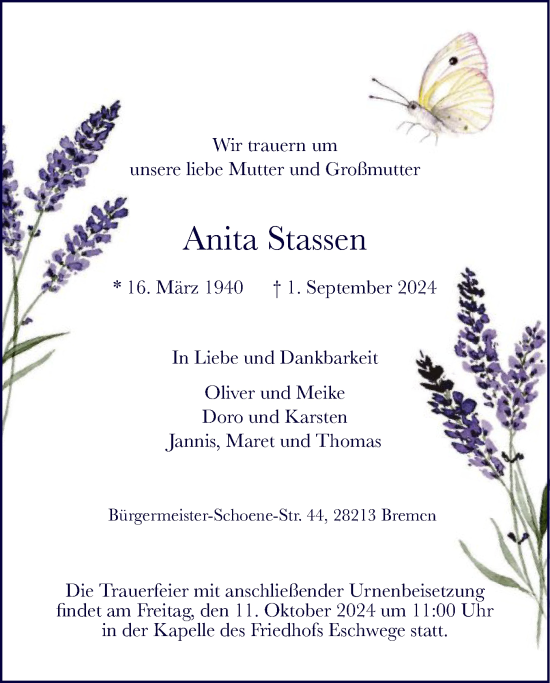 Todesanzeige von Anita Stassen von WRS