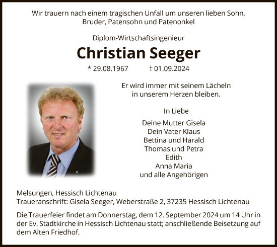 Todesanzeige von Christian Seeger von HNA
