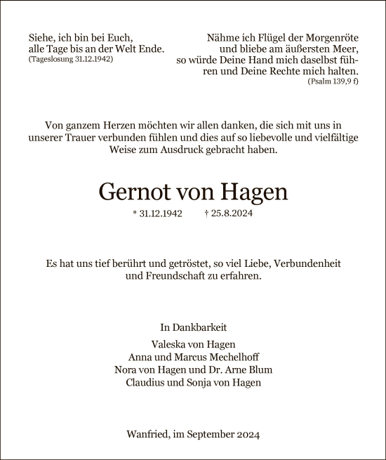 Todesanzeige von Gernot von Hagen von WRS