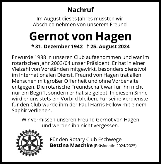 Todesanzeige von Gernot von Hagen von WRS